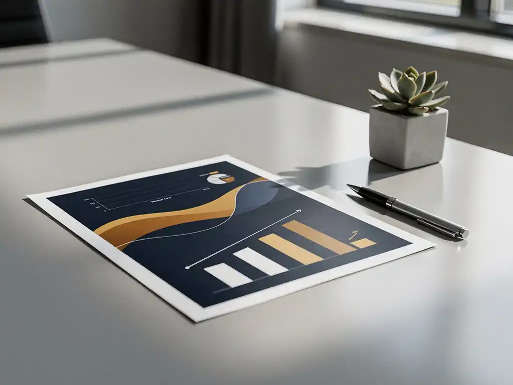 Executive dashboard printout op vergadertafel met pen en vetplantje, staafdiagrammen in marineblauw en amber, zacht natuurlijk licht.