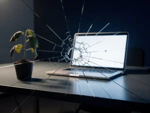 Gebarsten glazen oppervlak met uitstralende breuklijnen voor een gloeiend laptopscherm op een zakelijk bureau, met een verwelkte plant ernaast.