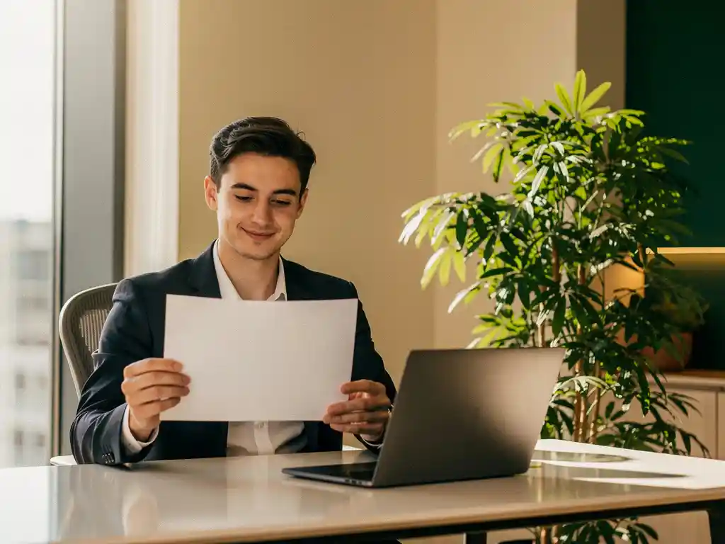 Jonge professional houdt een gedrukt certificaat vast aan een modern bureau, naast een weelderige plant en open laptop in warm kantoorlicht.