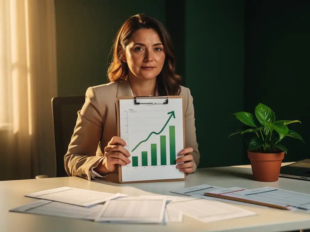Professional bekijkt groeigrafiek op klembord aan modern bureau met omgekeerde rapporten en kleine plant, warm groen licht.