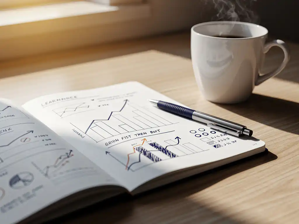 Opengeslagen notitieboek met handgeschreven groeicijfers op een licht eikenhouten bureau, dampende koffie en warm ochtendlicht op de achtergrond.