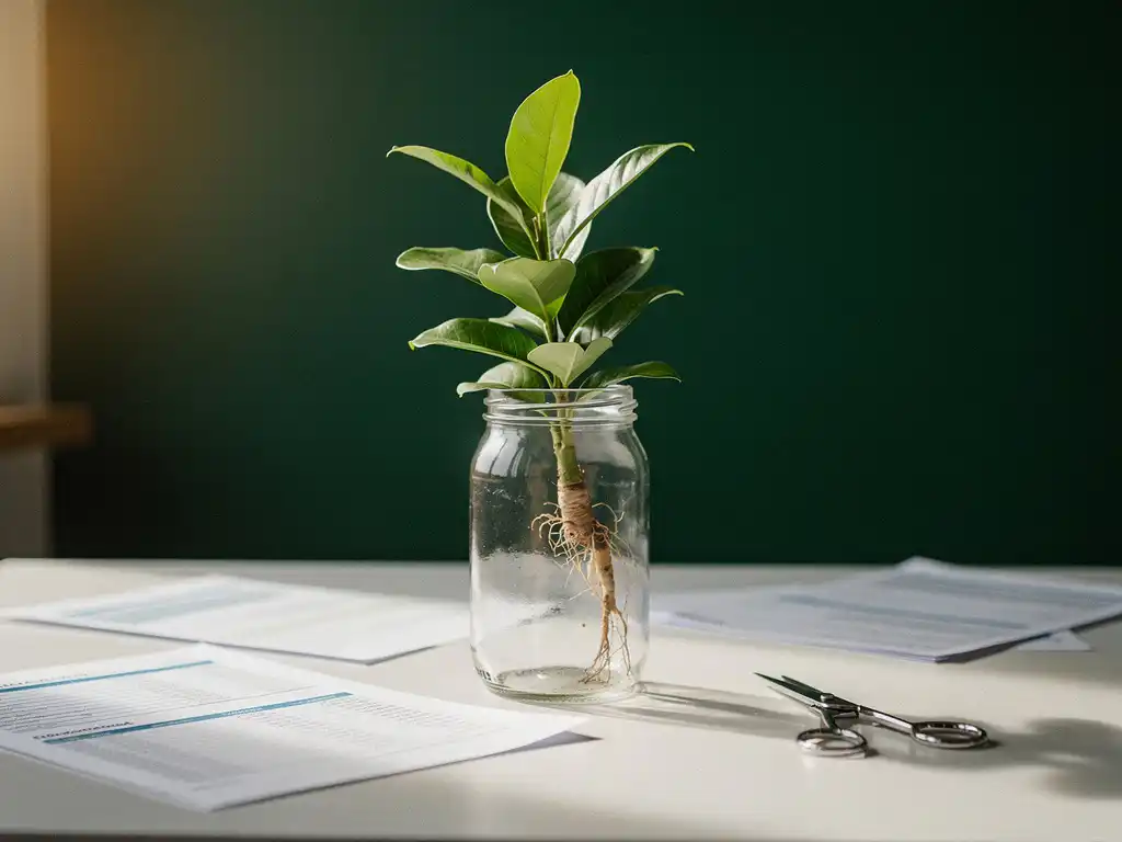 Groene plant in glazen pot tussen budgetdocumenten op modern bureau, symbool voor financiële groei en duurzaamheid.