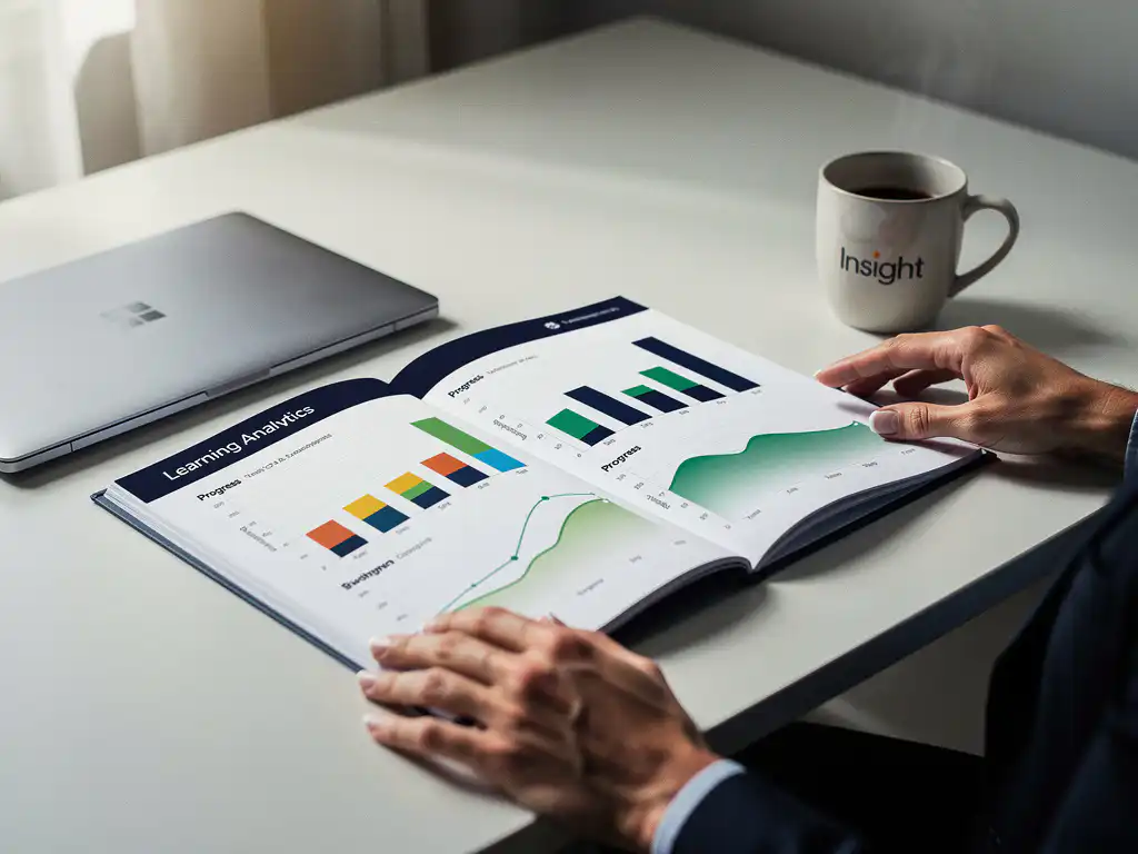 HR-professional bekijkt analytics-rapport met kleurrijke staafdiagrammen en leercurves op modern bureau met laptop en koffiemok.