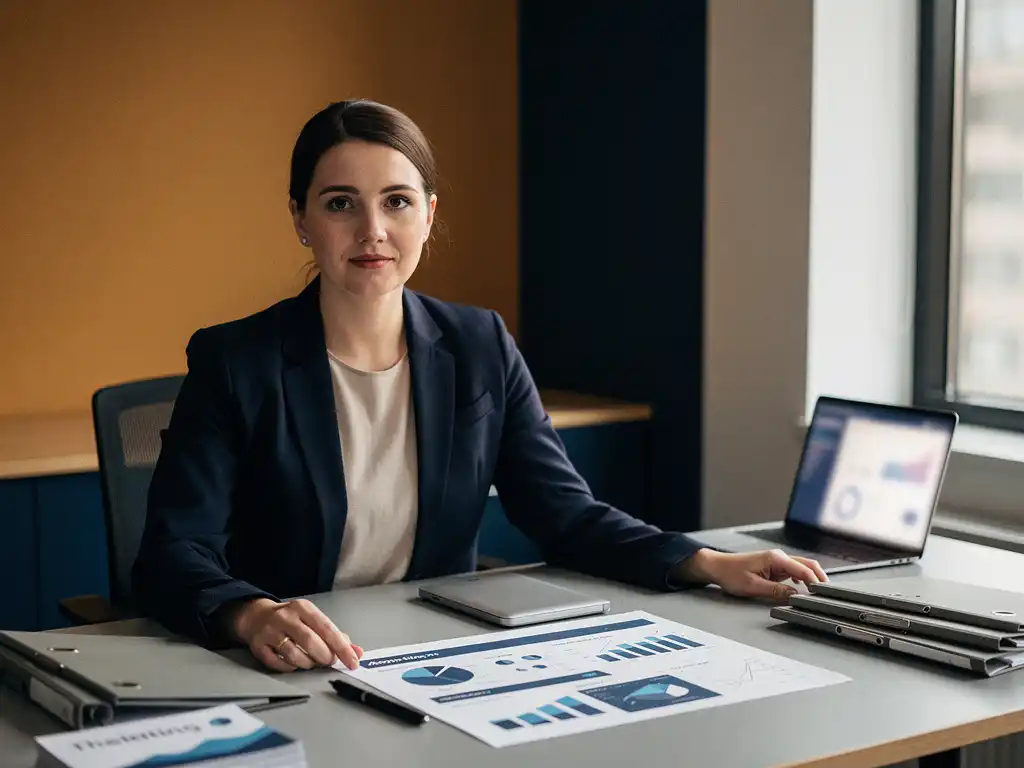 HR-professional analyseert uitgeprinte dashboardrapportage aan modern bureau met laptop en trainingsmateriaal in warme kantooromgeving.
