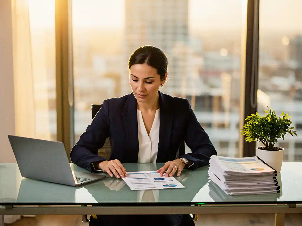 HR-professional bekijkt gestructureerd document aan glazen bureau in modern kantoor met vloer-tot-plafondvensters en gouden middaglicht.