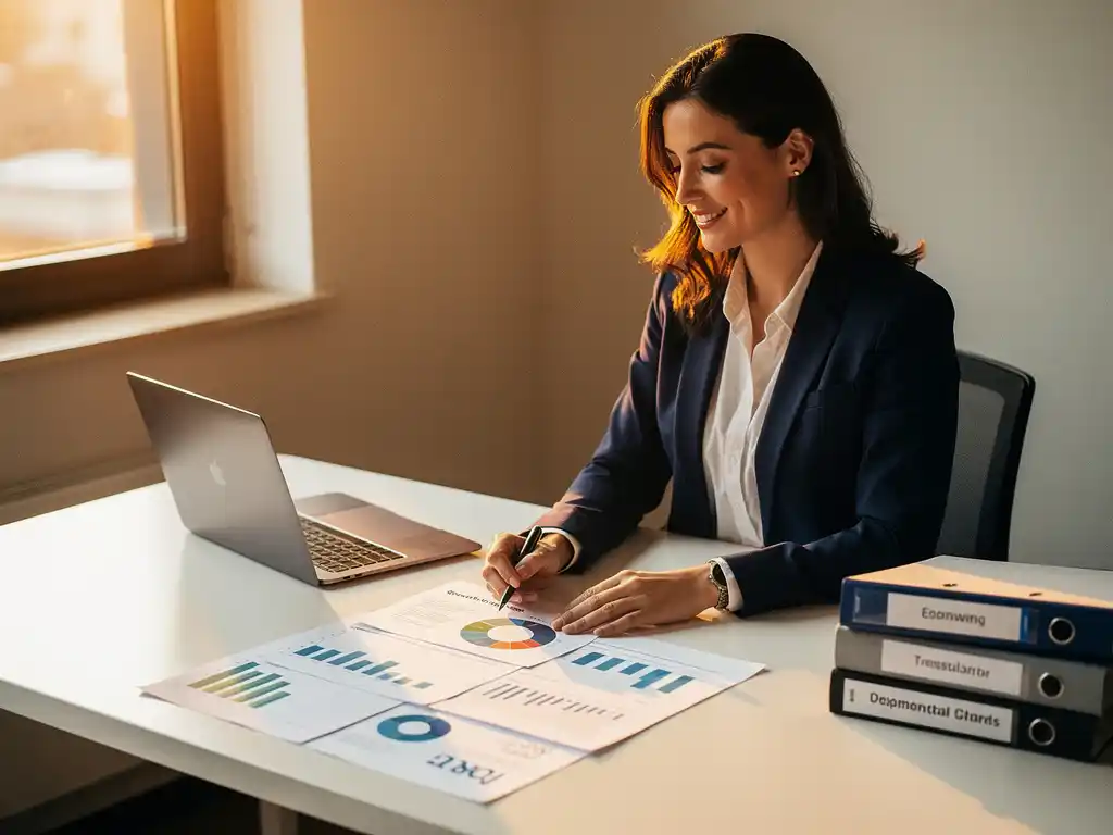HR-professional bekijkt ROI-grafieken en trainingsresultaten op modern wit bureau met laptop en ordners in warm tegenlicht.