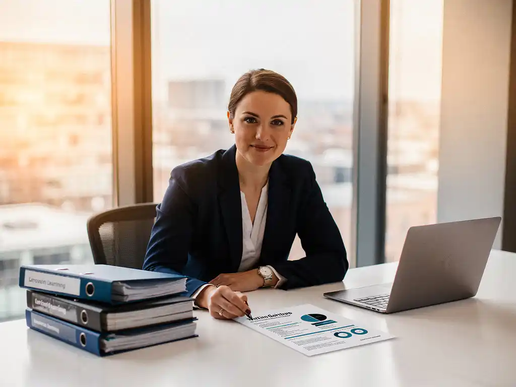 HR-professional presenteert trainingsrapport aan vergadertafel met leermap­pen en laptop in warm, zakelijk kantoor.