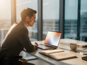 Kantoormedewerker bestudeert data-visualisaties op laptop, omringd door notitieboeken en koffie, warm natuurlijk licht.