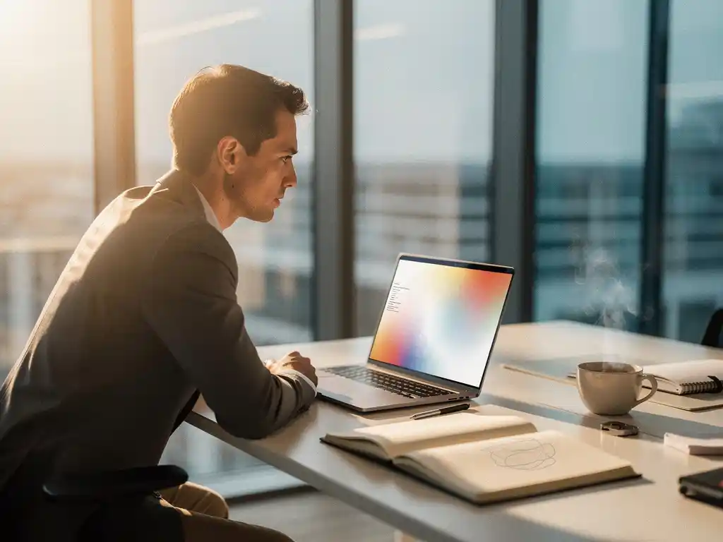 Kantoormedewerker bestudeert data-visualisaties op laptop, omringd door notitieboeken en koffie, warm natuurlijk licht.