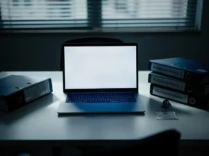 Laptop met blauw schermgloed op kantoorbureau naast gestapelde trainingsbinders en bedrijfspas, half gesloten jaloezieën op de achtergrond.