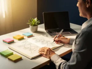 Leeradvieseur schetst een stappenplan in een notitieboek op een modern bureau met laptop, sticky notes en een kamerplant.