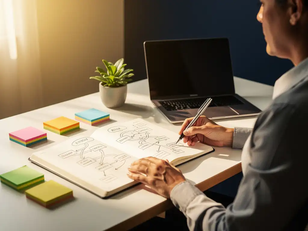 Leeradvieseur schetst een stappenplan in een notitieboek op een modern bureau met laptop, sticky notes en een kamerplant.