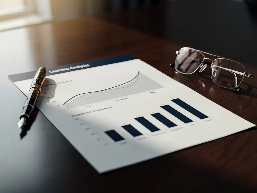 Executieve dashboard-printout op donkere vergadertafel met vulpen en leesbril, met grafieken over leervoortgang en betrokkenheid.