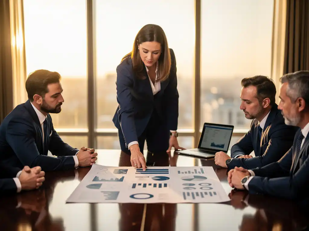 L&D-professional presenteert analytics dashboard aan drie executives in een boardroom met groot raam en warm middaglicht.