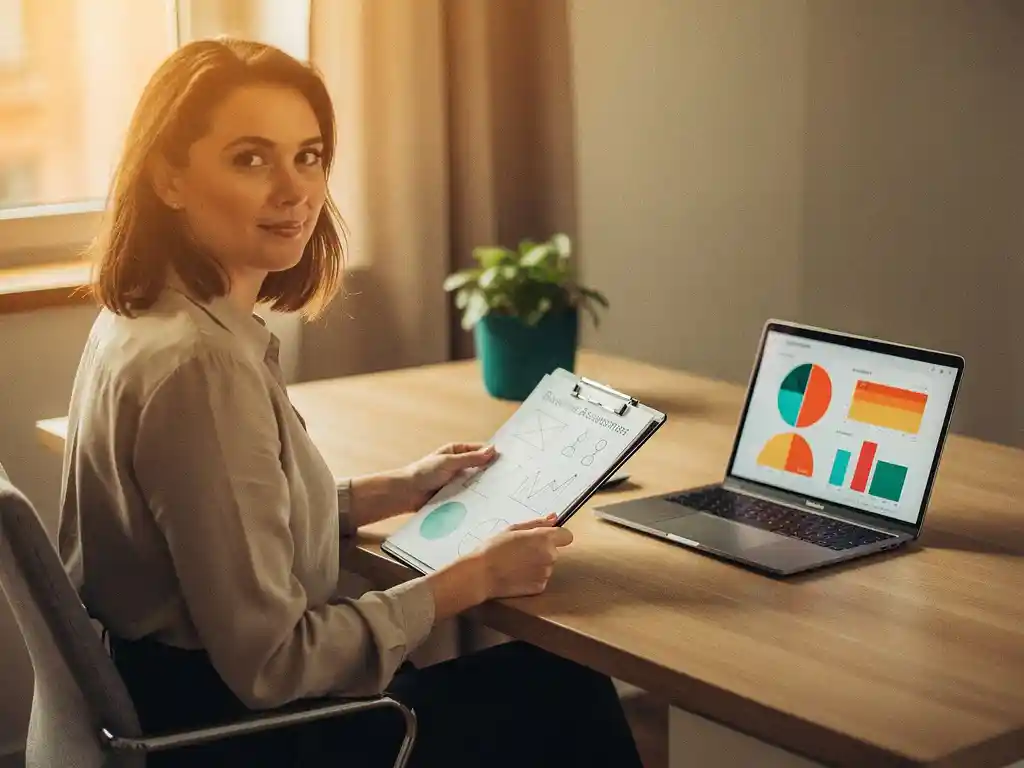 Leercoach bekijkt beoordelingsklembord naast laptop met voortgangsgrafieken aan modern bureau met plant in warm zijlicht.