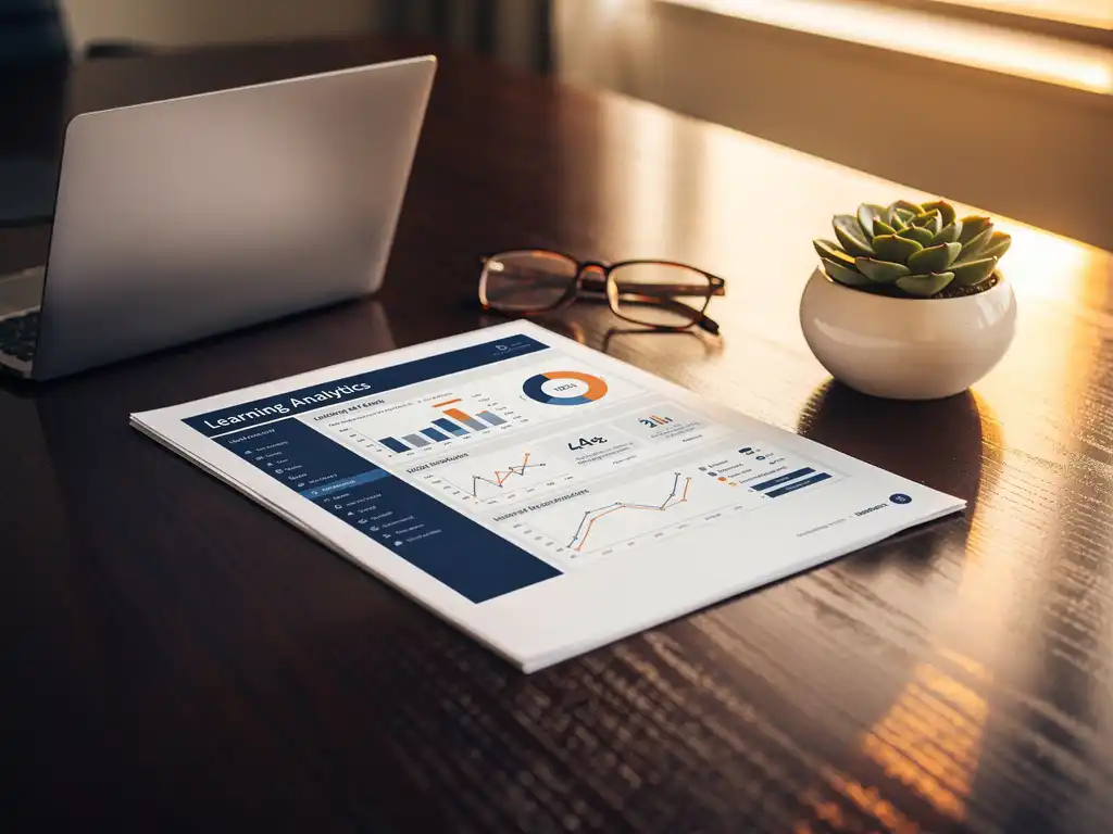 Afgedrukt learning analytics dashboard op een vergadertafel, omringd door laptop, leesbril en succulent in een directiekamer.