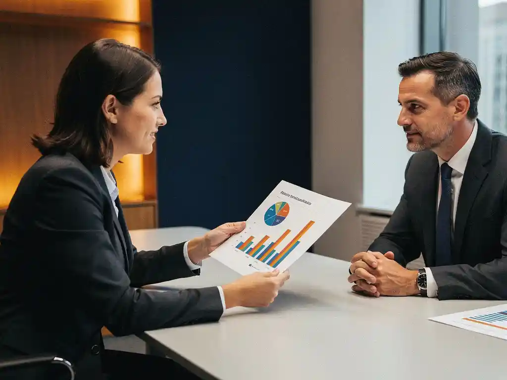 Leerprofessional overhandigt analytics rapport met grafieken aan executive aan vergadertafel in modern kantoor.