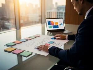 Leerstrateeg rangschikt kleurgecodeerde kaarten op een vergadertafel, verbonden met een organisatieschema, laptop met datadashboard en gouden avondlicht op de achtergrond.