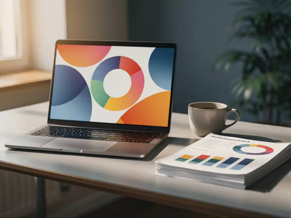 Open laptop met kleurrijke leervoortgangsgrafieken naast een zakelijk prestatierapport op modern bureau, koffiebeker en plant op achtergrond.