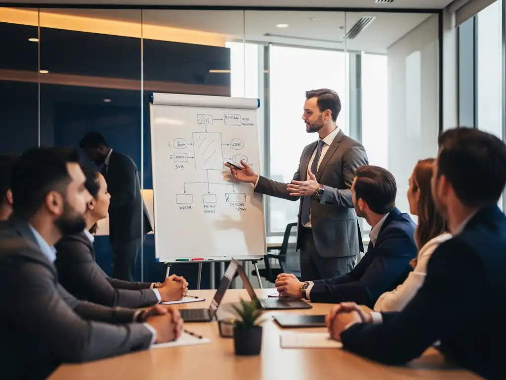 Medewerker leidt zelfverzekerd een teamvergadering bij een whiteboard, collega's betrokken, moderne kantooromgeving met warm licht.