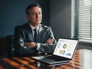 Directeur in maatpak met gekruiste armen aan vergadertafel, ongebruikte laptop met trainingsdashboard ervoor, ochtendlicht door jaloezieen.