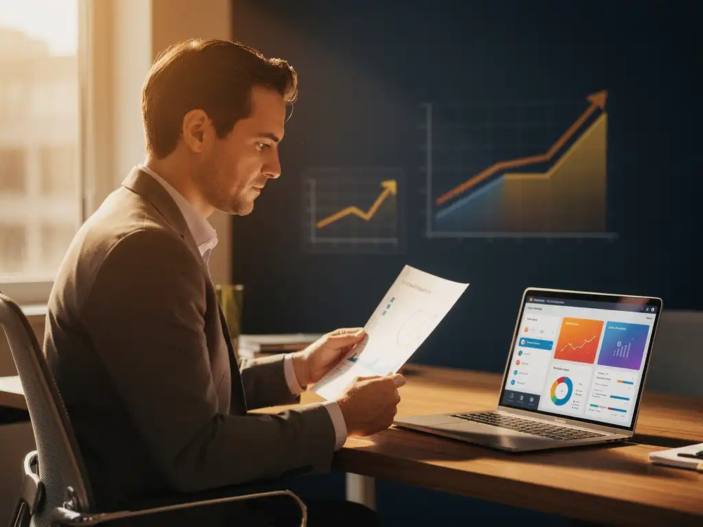 Manager bekijkt analytics rapport aan modern bureau met laptop waarop leer-dashboards zichtbaar zijn, warm gouden licht.