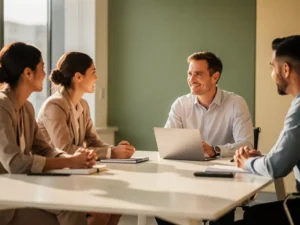 Rustige manager in gesprek met medewerkers aan vergadertafel, open lichaamstaal, laptop open, zakelijke leeromgeving met natuurlijk licht.