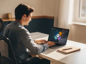 Medewerker aan modern bureau studeert AI-cursus op laptop, met notitieboek en pen, warm kantoorlicht op de achtergrond.