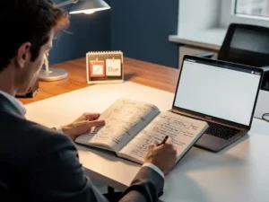 Medewerker bestudeert handgeschreven AI-diagrammen in notitieboek aan modern bureau met laptop en bureaukalender.