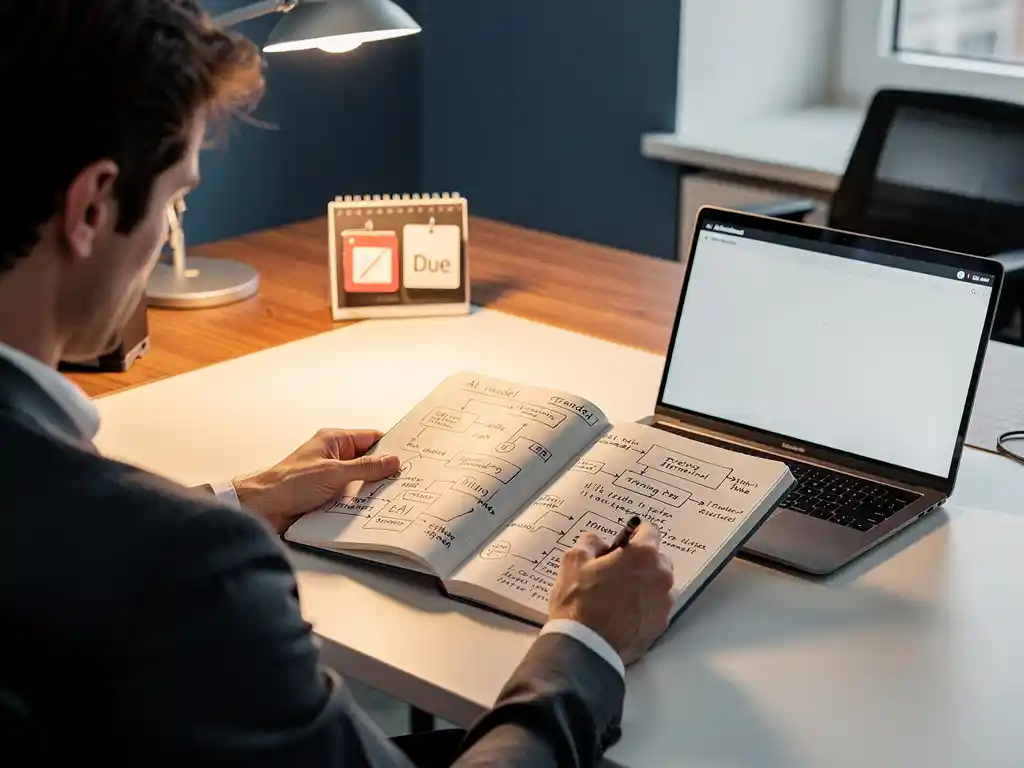 Medewerker bestudeert handgeschreven AI-diagrammen in notitieboek aan modern bureau met laptop en bureaukalender.