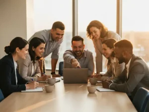 Diverse medewerkers in moderne trainingsruimte rond laptop, collega wijst enthousiast naar scherm, notebooks en koffie op tafel.