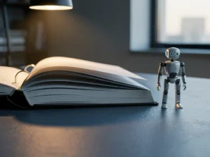 Open nalevingsbinder op modern bureau naast klein humanoïd robotfiguur, zachte amberverlichting en blauwe tinten.