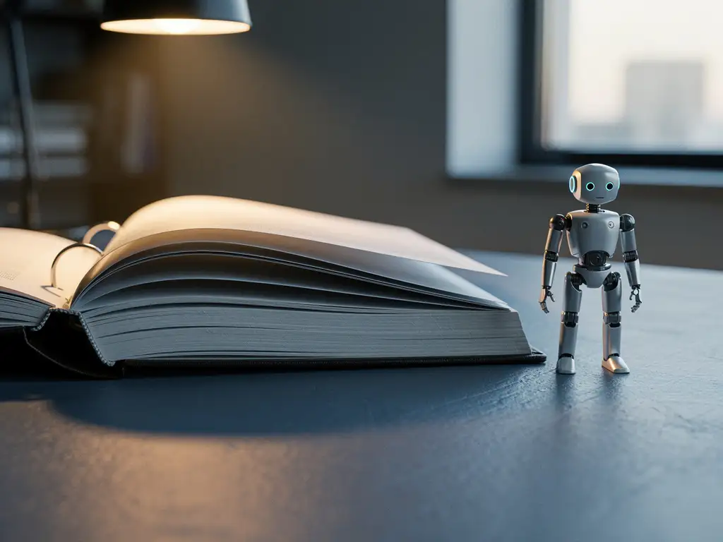 Open nalevingsbinder op modern bureau naast klein humanoïd robotfiguur, zachte amberverlichting en blauwe tinten.