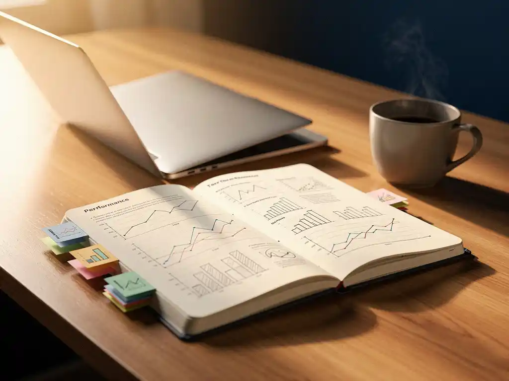 Opengeslagen notitieboek met handgeschreven prestatiegrafieken naast laptop op modern bureau, sticky notes en koffiekop in warm ochtendlicht.