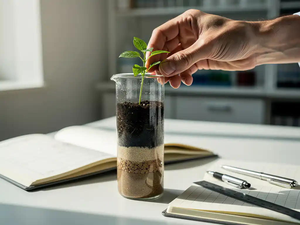 Onderzoeker plaatst groen zaailing in glazen meetcilinder met gelaagde bodem, omringd door open notitieboeken met datatabellen in laboratorium.