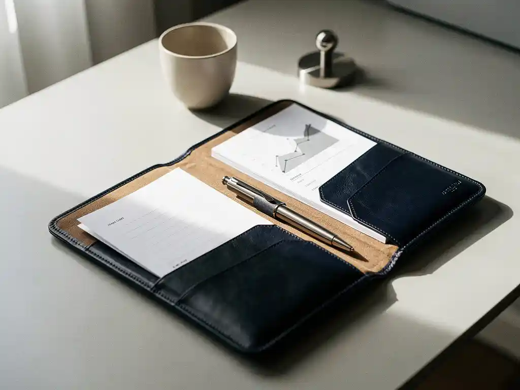 Opengeslagen leren portfolio op modern bureau met gestructureerde documenten, sierlijke pen en analytische grafiek in marineblauw en zandtinten.