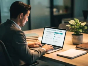 Professional aan modern bureau bestudeert leerplan op laptop, omringd door notitieboeken en kamerplant in warm verlicht kantoor.
