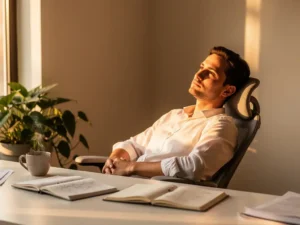 Professional leunt nadenkend achterover in ergonomische stoel aan wit bureau met notitieboeken, koffie en plant in warm goudkleurig licht.