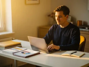 Professional aan modern bureau met laptop, omgeven door geordende trainingsmaterialen en notitieboek in warm verlicht kantoor.