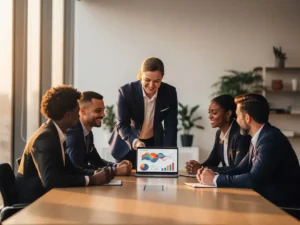 Professioneel team rond een vergadertafel bekijkt datavisualisaties op laptop in licht, modern kantoor.
