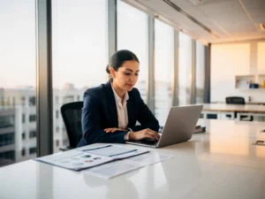 Professional aan modern bureau in lichte werkruimte met laptop en cursusmateriaal, warm ochtendlicht door grote ramen.