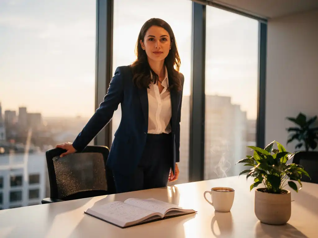 Professional aan modern bureau na training, met notitieboek, koffie en plant in warm goudkleurig kantoorlicht.