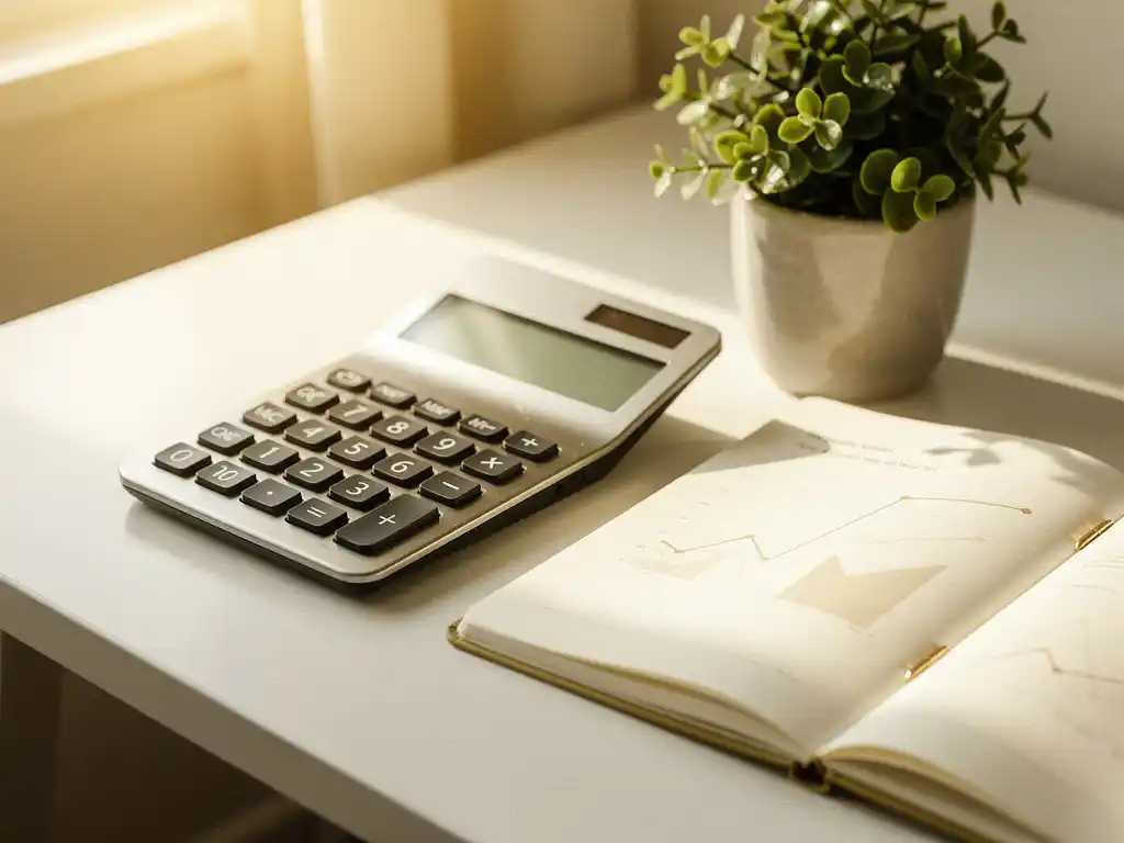 Calculator en kleine groene plant op wit bureau naast notitieboek met handgeschreven groeigrafiek, warm goudkleurig zijlicht.