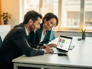 Twee collega's bekijken samen data-dashboards op een laptop aan een modern bureau in een licht kantoor.