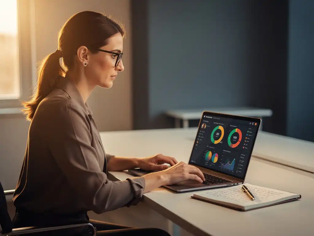 Trainer bekijkt leervoortgang-dashboard op laptop, kleurrijke grafieken weerspiegeld in haar bril, notitieblok met aantekeningen op modern bureau.