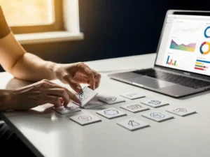 Professional rangschikt vaardigheidskaarten op wit bureau naast laptop met analysegrafieken, warm zijlicht, ondiepe scherptediepte.