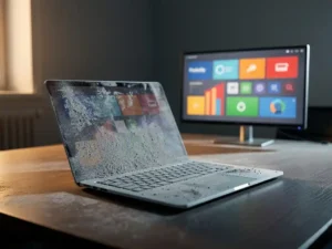 Stoffige verlaten laptop op kantoorbureau, met een actief e-learningdashboard op de achtergrond in warm amberkleurig licht.