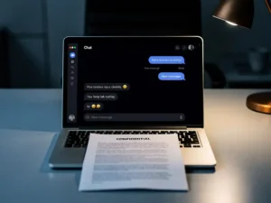 Laptop op kantoorbureau met geopend chatvenster op scherm, vertrouwelijk document gedeeltelijk onder toetsenbord geschoven, verlicht door amberkleurige bureaulamp.