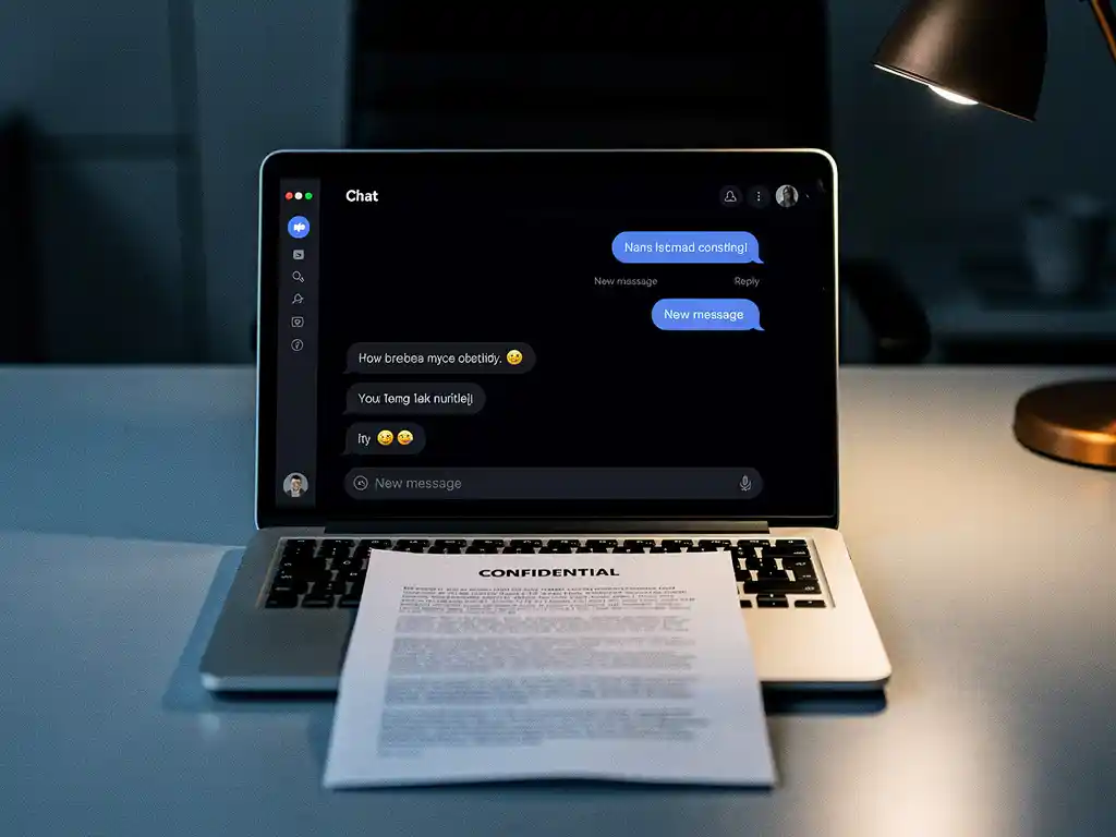 Laptop op kantoorbureau met geopend chatvenster op scherm, vertrouwelijk document gedeeltelijk onder toetsenbord geschoven, verlicht door amberkleurige bureaulamp.