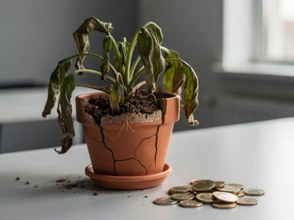 Verwelkte plant in gebarsten terracottapot op kantoorbureau, met droge aarde en verspreide munten die bezuinigingen symboliseren.